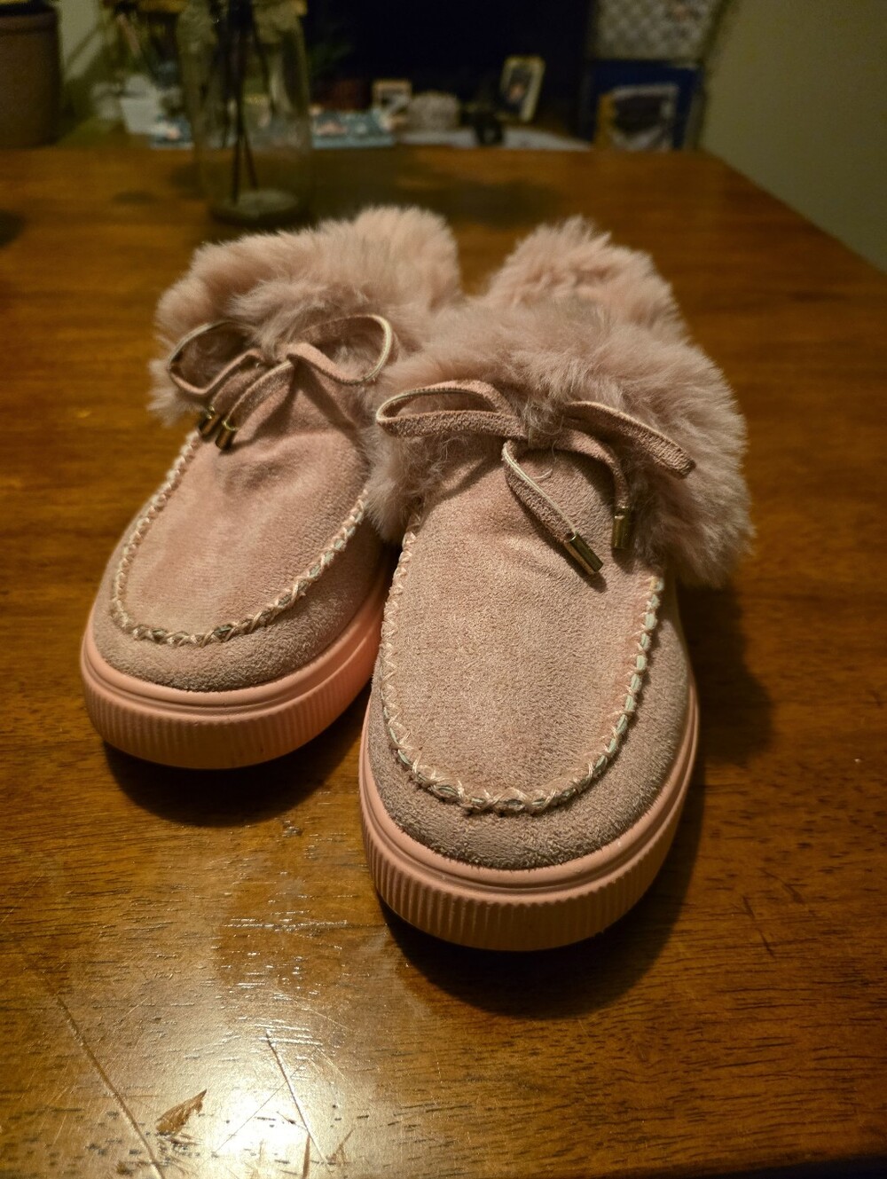 Pink Faux-Fur Suede Slip-On Clog Sneakers Moccasins - Outdoor Use Sole